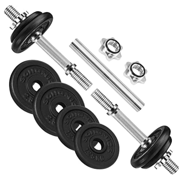 Songmics 2-i-1 hantelset, 2 x 10 kg justerbara vikter i gjutjärn, med extra stålskiv, svart