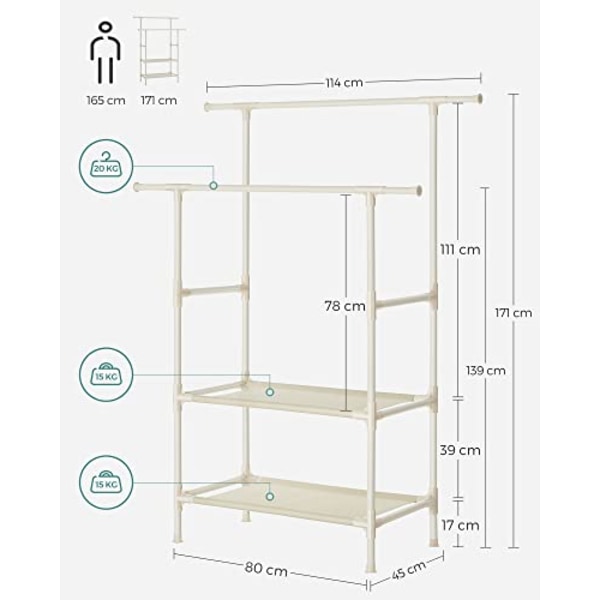 Songmics klädstativ, metallkläder står med 2 hängande skenor och 2 förvaringshyllor, Vit