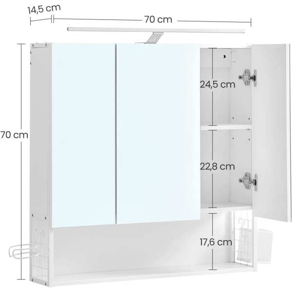 Vasagle seinäkaappi peilillä, kylpyhuonekaappi LED-valolla, johdolla, valkoinen