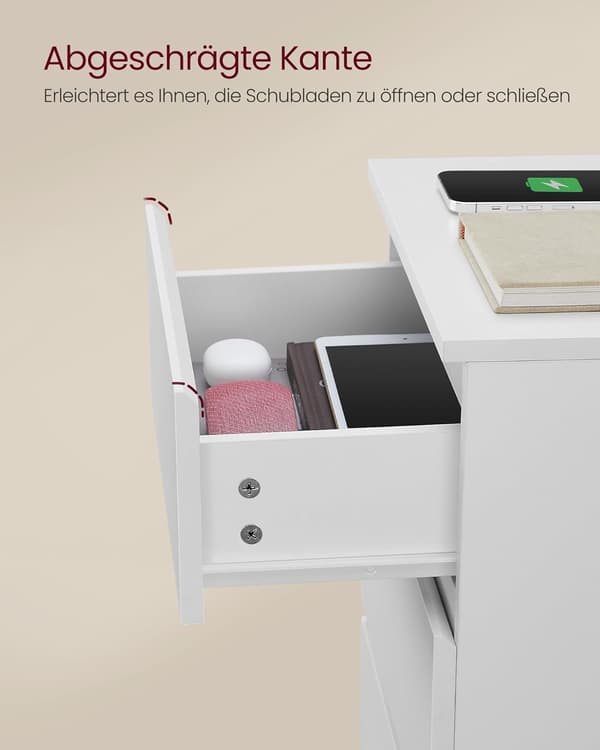 Natbordsbord, Sidebord, 3 skuffer, 2 stikkontakter, 2 USB-porte, Cloud White