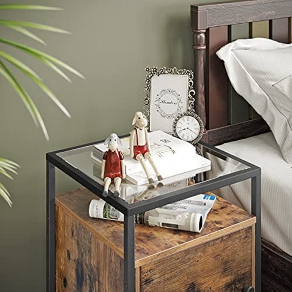 Vasagle natbord, sengebord, glas sidebord med skab, rustik brun