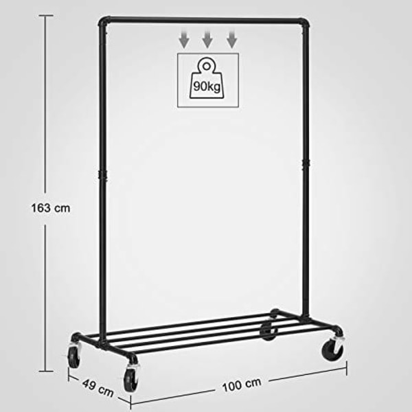 Songmics Heavy Duty Metal Tøjstativ på hjul, holder 90 kg, sort