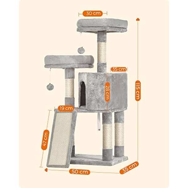 Cat Tree, Cat Condo 115 Cm, Skrapramp, Ljusgrå