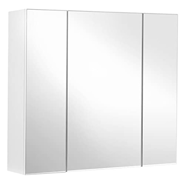 Vasagle badrum väggskåp, skåp med spegel, 3-dörrar förvaringsskåp, 60 x 15 x 55 cm, vit