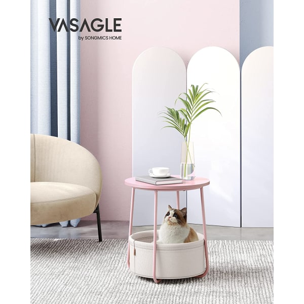 Vasagle sidebord, rundt bord med stofkurv, sengebord, pastel pink/sky hvid