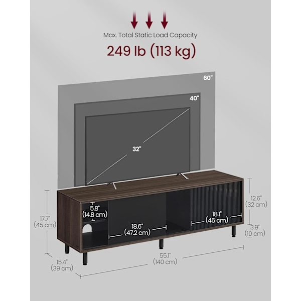 TV-taso 60 tuuman televisiolle, TV-huonekalu, uurrettu lasi, 140 x 39 x 45 cm, tuhkanruskea ja musteenmusta