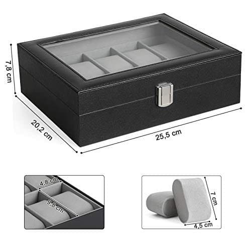 Songmics Watchbox med 10 slots, titta på fodral med glaslock, grå foder