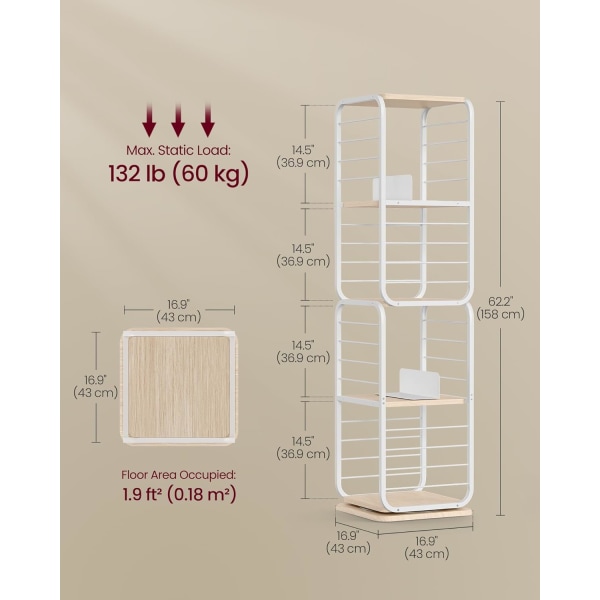 VASAGLE 4-vånings roterande bokhylla, stående hylla, stålram, beige/molnvit