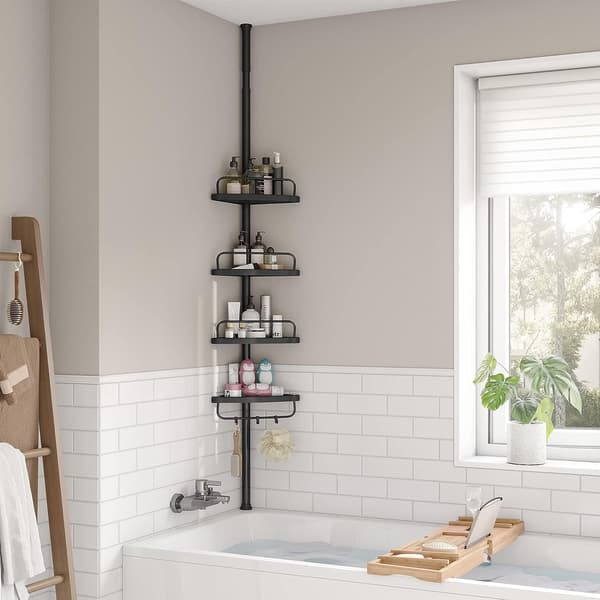 Justerbar hjørnehylde til badeværelset, 85-305 cm, med 4 bakker, 3 kroge, sort
