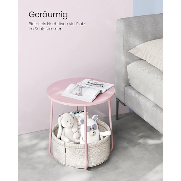 Vasagle sidebord, rundt sidebord med stofkurv, sengebord, pastelrosa/skyhvid