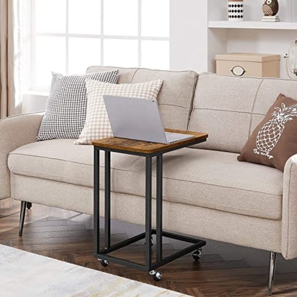Vasagle End Table, sidobord, soffbord, med stålram och hjul, rustikbrun och svart