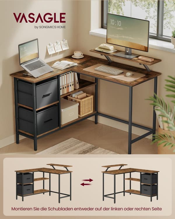 VASAGLE L-formet skrivebord med 2 rummelige skuffer, gamingbord, computerbord, rustik brun