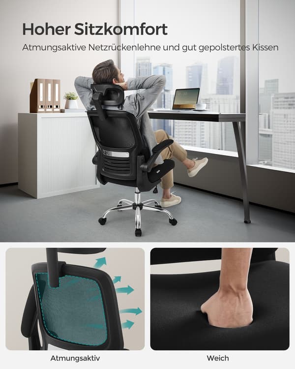 Kontorstol, skrivebordsstol, ergonomisk, sammenklappelige armlæn, højt ryglæn, blæksort