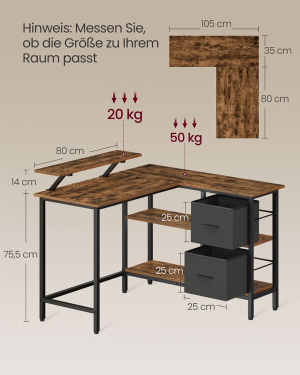VASAGLE L-formet skrivebord med 2 rummelige skuffer, gamingbord, computerbord, rustik brun