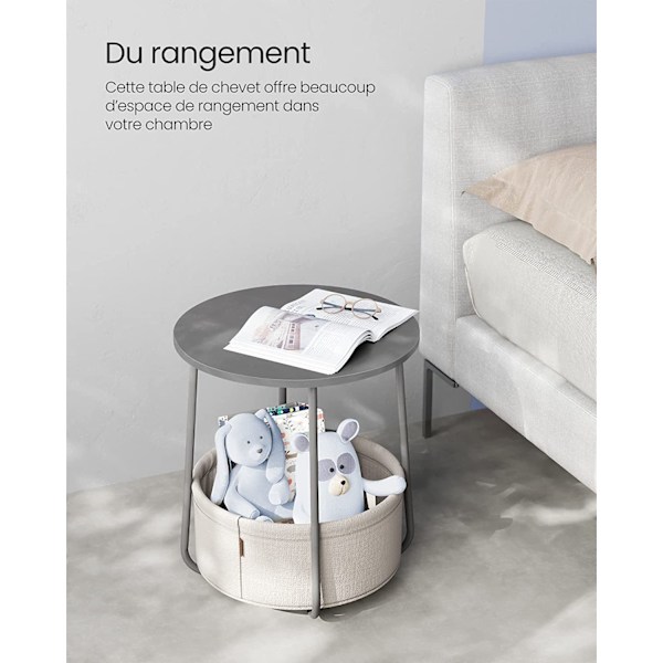 Vasagle sidebord, rundt sidebord med stofkurv, sengebord, grå cement og hvid
