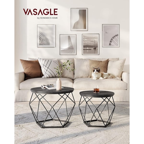 Vasagle pyöreä sivupöytä, 2 kappaleen setti, moderni tyyli, musta