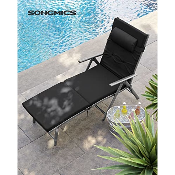 SONGMICS Hopfällbar solstol, solsäng med 6 cm madrass, rostfri aluminium, svart