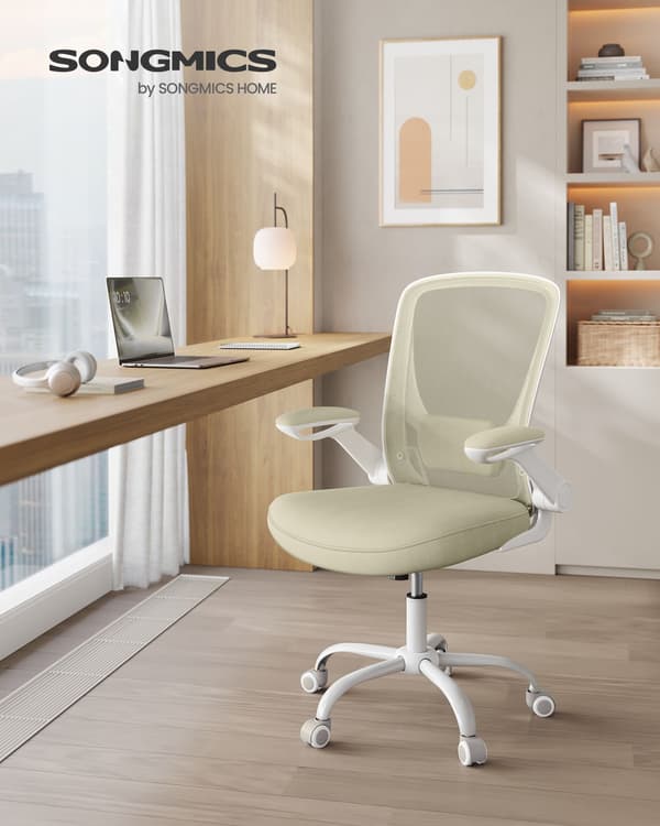 Mesh Skrivbordsstol, Ergonomisk Datorstol, Svankstöd, Uppfällbart Armstöd, Havregrynsbeige