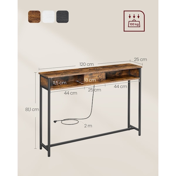 Smalt Konsolbord med Stikdåse, Sofabord, 25 X 120 X 81 Cm, Brun og Blæksort