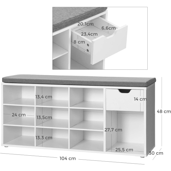 VASAGLE-kenkäteline, säilytyspenkki 10 avoimella ja 1 suljetulla lokeroilla, pehmustettu, valkoinen ja harmaa