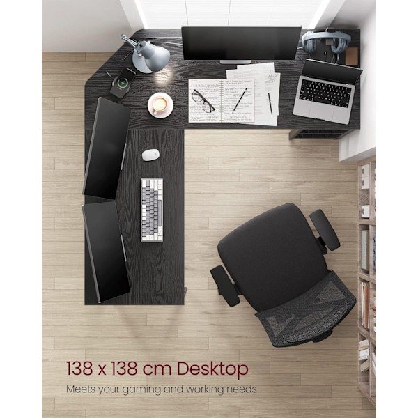 Datorbord, L-format hörnskrivbord, 138 x 138 x 76 cm, spelbord, svart med träfibrer