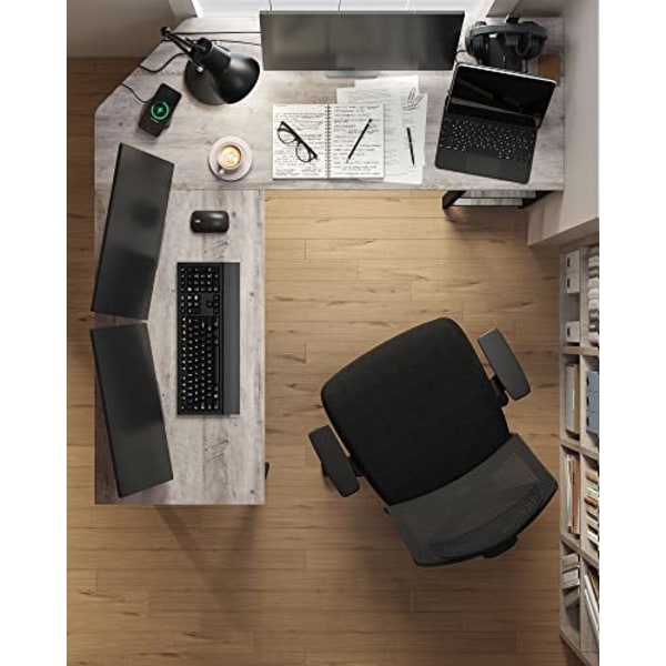 VASAGLE datorbord, L-format hörnskrivbord, arbetsstation med hyllor, Greige och svart