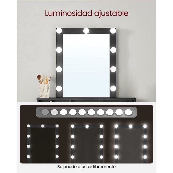 VASAGLE Sminkbord, LED-lampor, Sminkbord med spegel, Modernt, Svart
