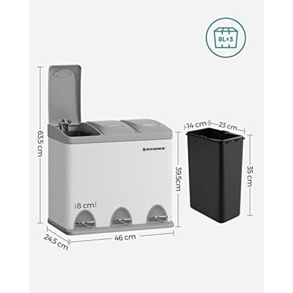 Songmics Pedalspand, 3 x 8L affaldssortering, 3-fags metalaffaldsspand, stål, hvid og grå