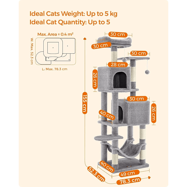 Feandrea kattetræ, 155 cm kattetårn til indendørs katte, 2 huler, hængekøje, lysegrå