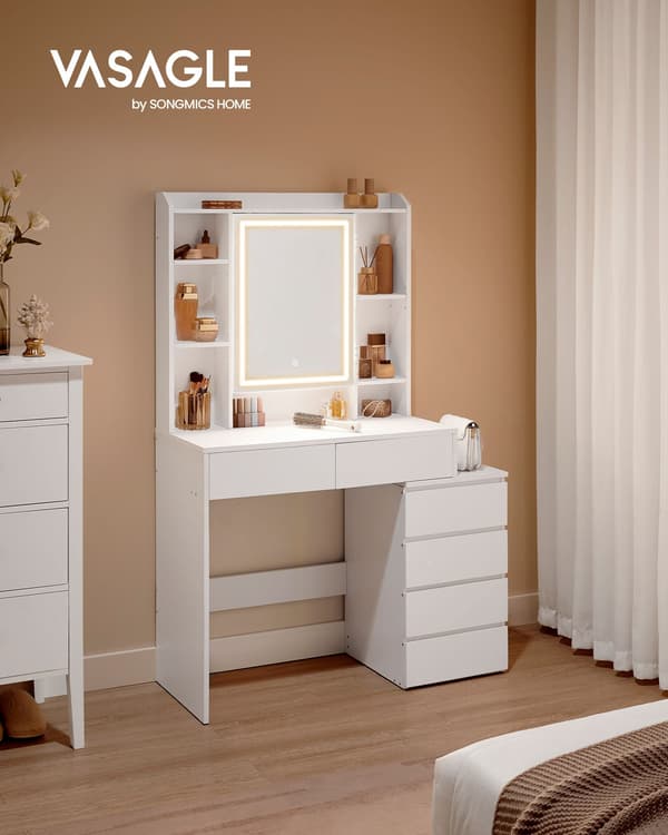 Sminkebord med LED-belysning, justerbar lysstyrke, moderne skyhvid