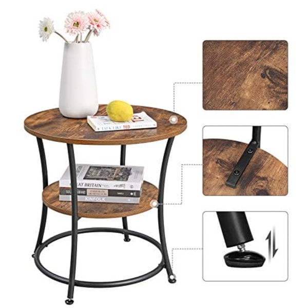 Vasagle sidebord rundt, endebord med 2 hylder, stue, soveværelse, rustik brun