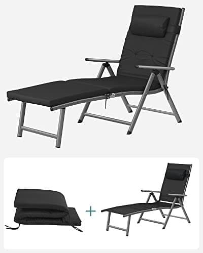 SONGMICS Sammenklappelig solstol, solseng med 6 cm madras, rustfrit aluminium, sort