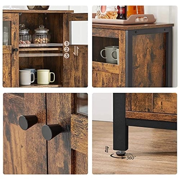 VASAGLE sideboard, buffébord, förvaringsskåp med glasdörrar, rustikt brunt och svart