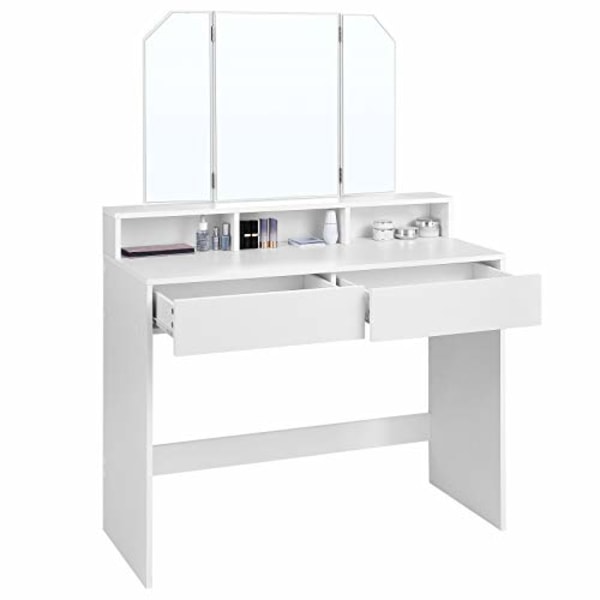 Vasagle peilipöytä kolminkertaisella peilillä, peilipöytä 2 laatikolla ja 3 avolokerolla, valkoinen