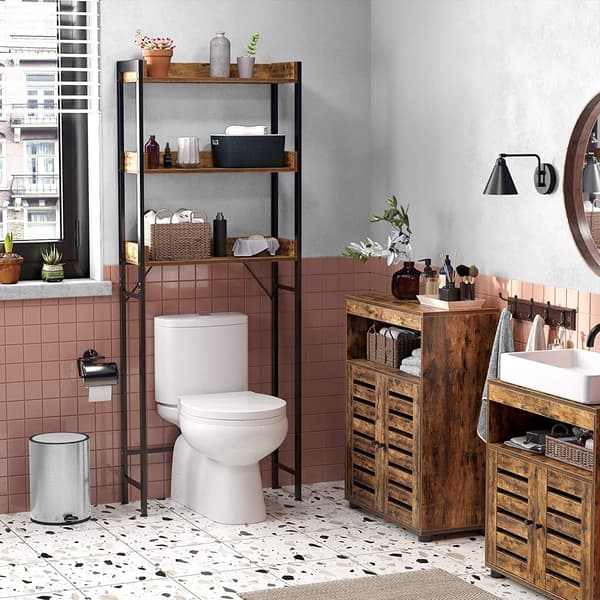 Toiletthylde, Badeværelseshylde, Vaskemaskinehylde med 3 åbne hylder, Brun Sort