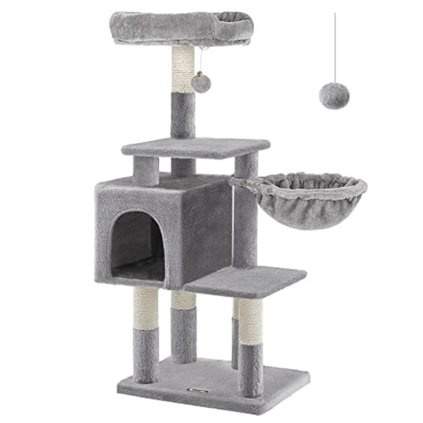 Feandrea Multilevel Kattetræ, 110 cm katteskrabestativ, kattehus, lysegrå