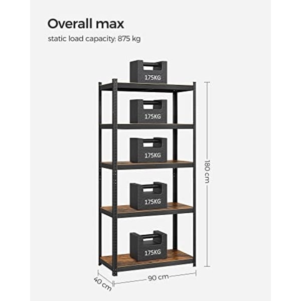 SONGMICS Reol, 40 x 90 x 180 cm, 875 kg Belastningskapacitet Rustik Brun og Sort