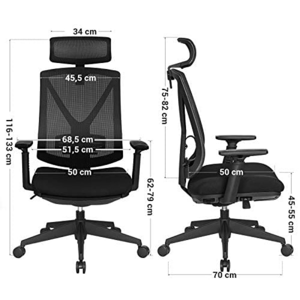 SONGMICS Ergonomisk kontorstol med fotstöd, skrivbordsstol med svankstöd, svart