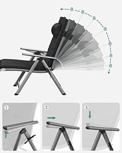 SONGMICS Sammenklappelig solstol, solseng med 6 cm madras, rustfrit aluminium, sort
