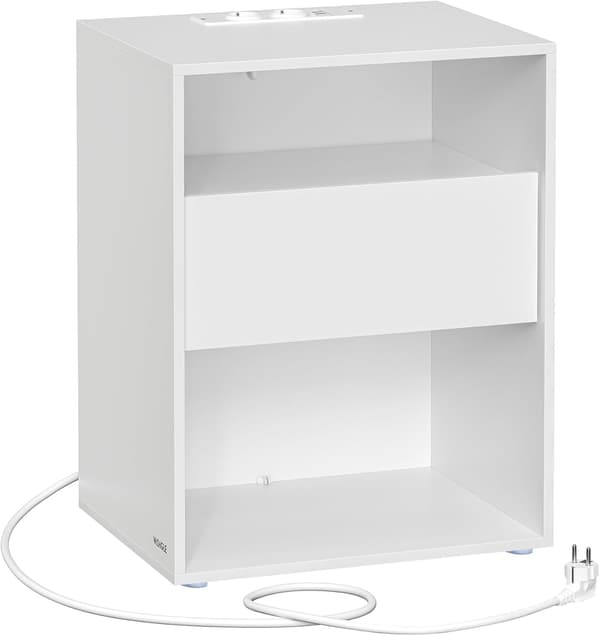 Natbordsbord, værktøjsfri montering, sidebord med stikdåse, mat hvid