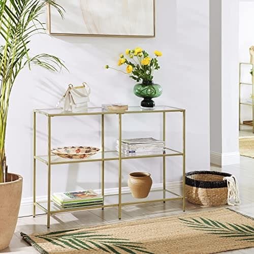 Vasagle Console Table, soffbord med 3 hyllor, härdat glashylla, guldfärg