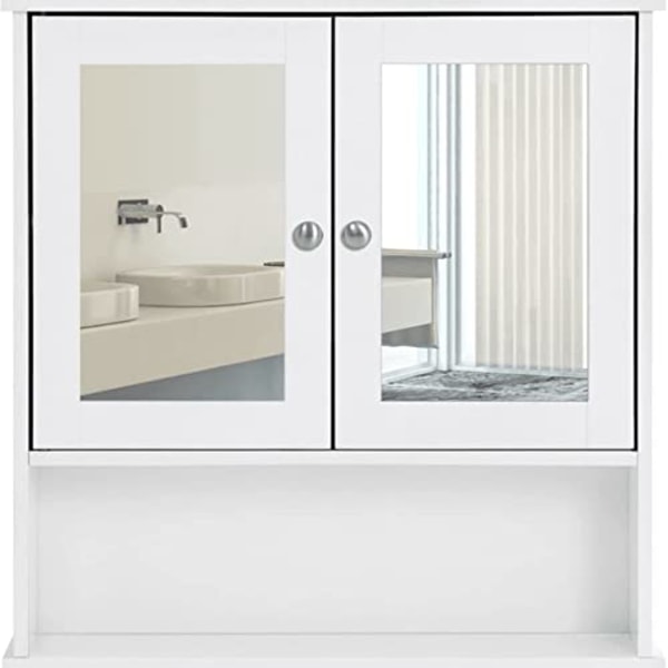 Vasagle dubbel spegel dörrar badrumsskåp, väggskåp, förvaringsskåp, vit