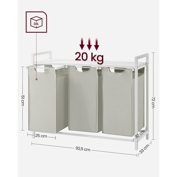 Vasagle vasketøjskurv, 3-rums vasketøjskurv, udtrækbar og aftagelig 38L, hvid