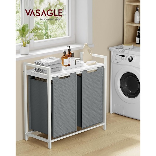 Vasagle pyykkikori, 2 osastoa, Oxford-kangaskassi, ulosvedettävä, irrotettava, metallikehikko, 2 x 46 l, valkoinen/vaaleanharmaa