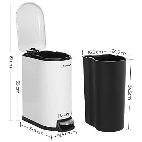 SONGMICS Smal soptunna, 10L pedalkorg, stål, vit