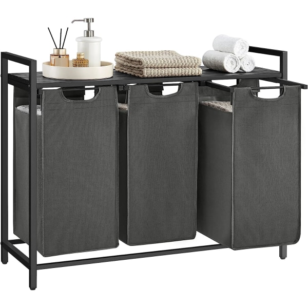 Vasagle vasketøjskurv, 3-rums vasketøjskurv, udtrækkelige og aftagelige vasketøjsposer, sort og grå