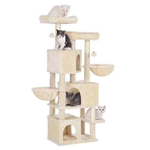 Feandrea stort kradsetræ med 3 kattehuler, 164 cm kattetårn, beige