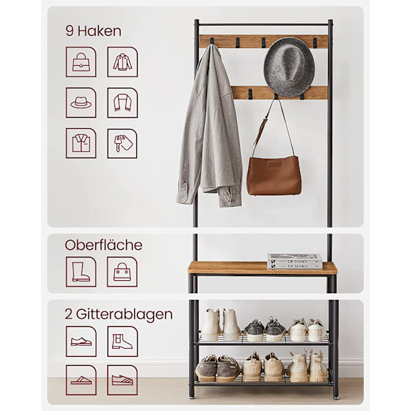 VASAGLE tøjstativ med skoreol, med kroge, 3 hylder, valnøddebrun/sort