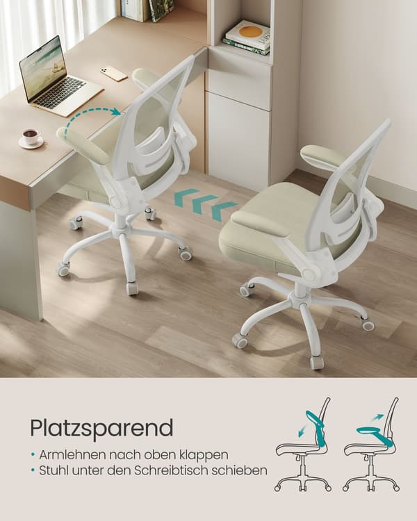 Mesh Skrivbordsstol, Ergonomisk Datorstol, Svankstöd, Uppfällbart Armstöd, Havregrynsbeige