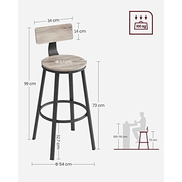 VASAGLE Keittiötuolit metallirungolla, Istuinkorkeus 73,2 cm, Greige Musta